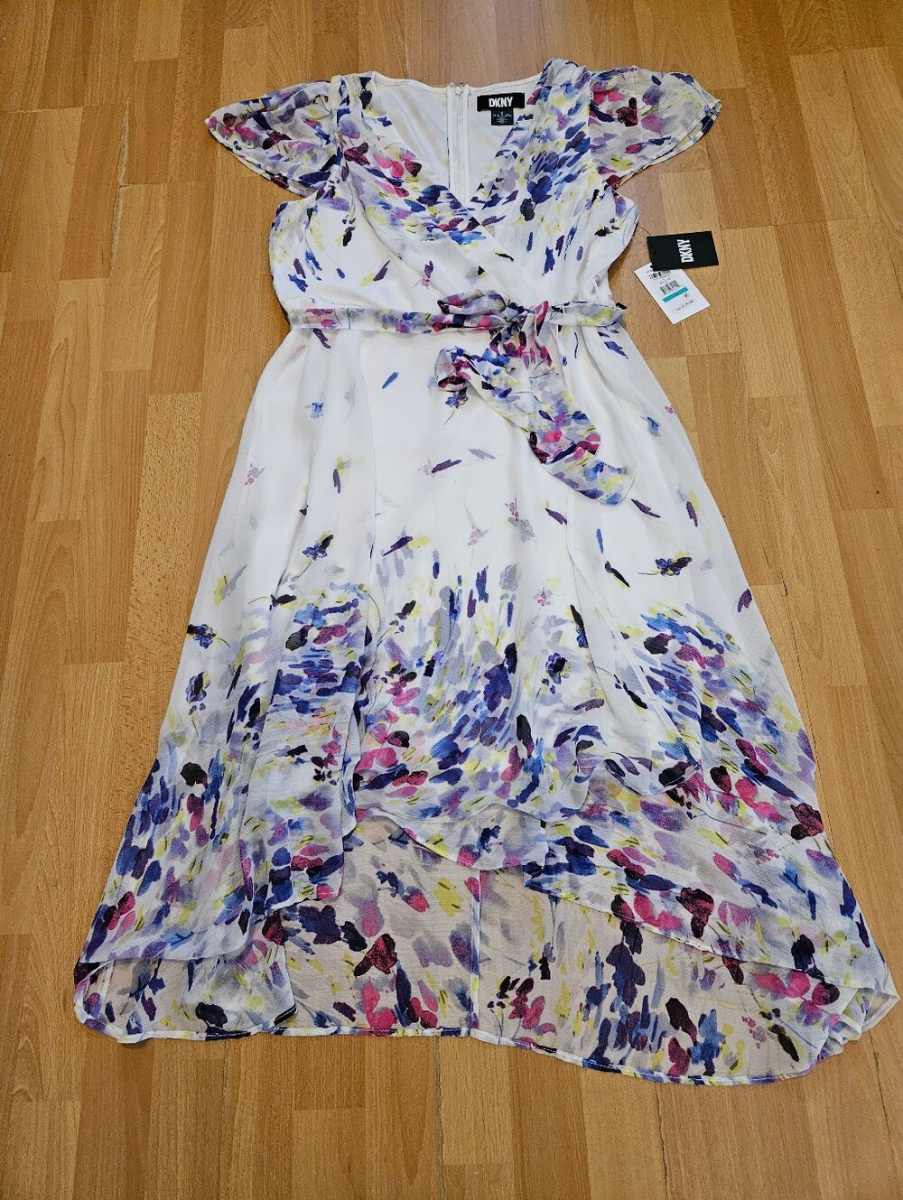 Dkny White Dress with Purple, Blue and Pink Watercolor Print